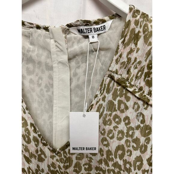 WALTER BAKER  Faber Tie-Detailed Leopard-Print Metallic Georgette Dress Sz 8 - Picture 8 of 16